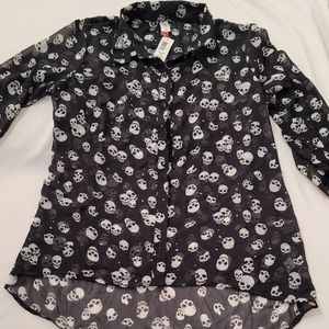 Black sheer white skulls hi lo button shirt
